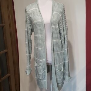 PINQUE Mint Green Striped Long Open Front Knit Cardigan Pockets XL